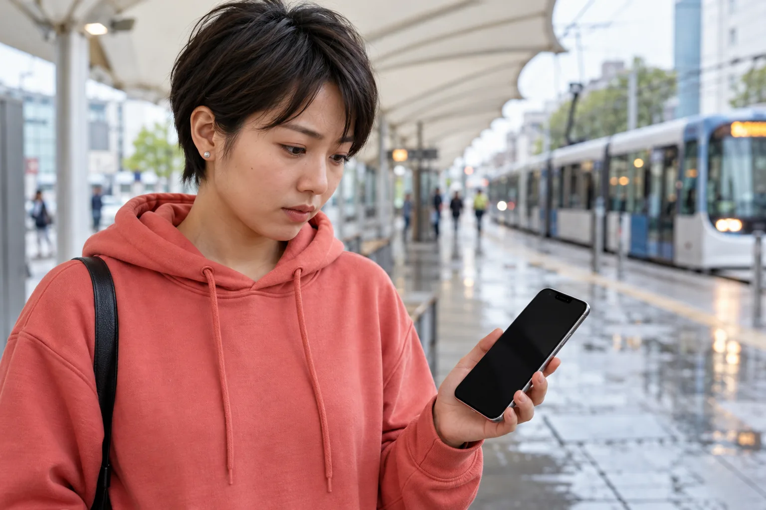 Kvinna tittar på en iPhone med svart skärm vid en spårvagnshållplats.