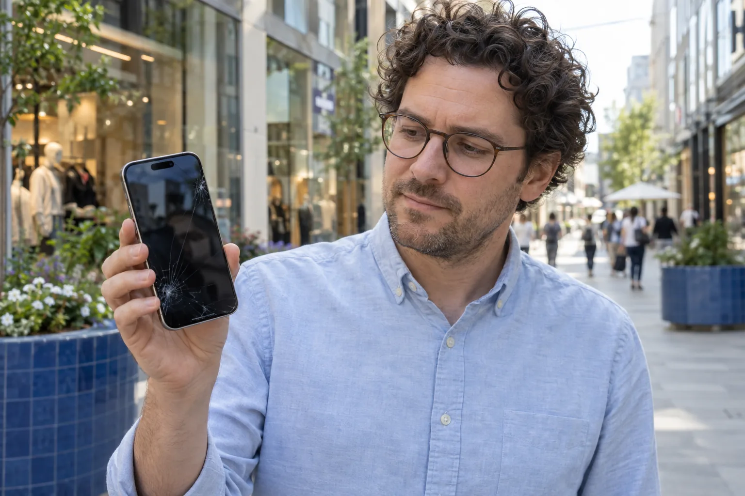 Man visar en mobil med sprucket skärmglas på en shoppinggata.