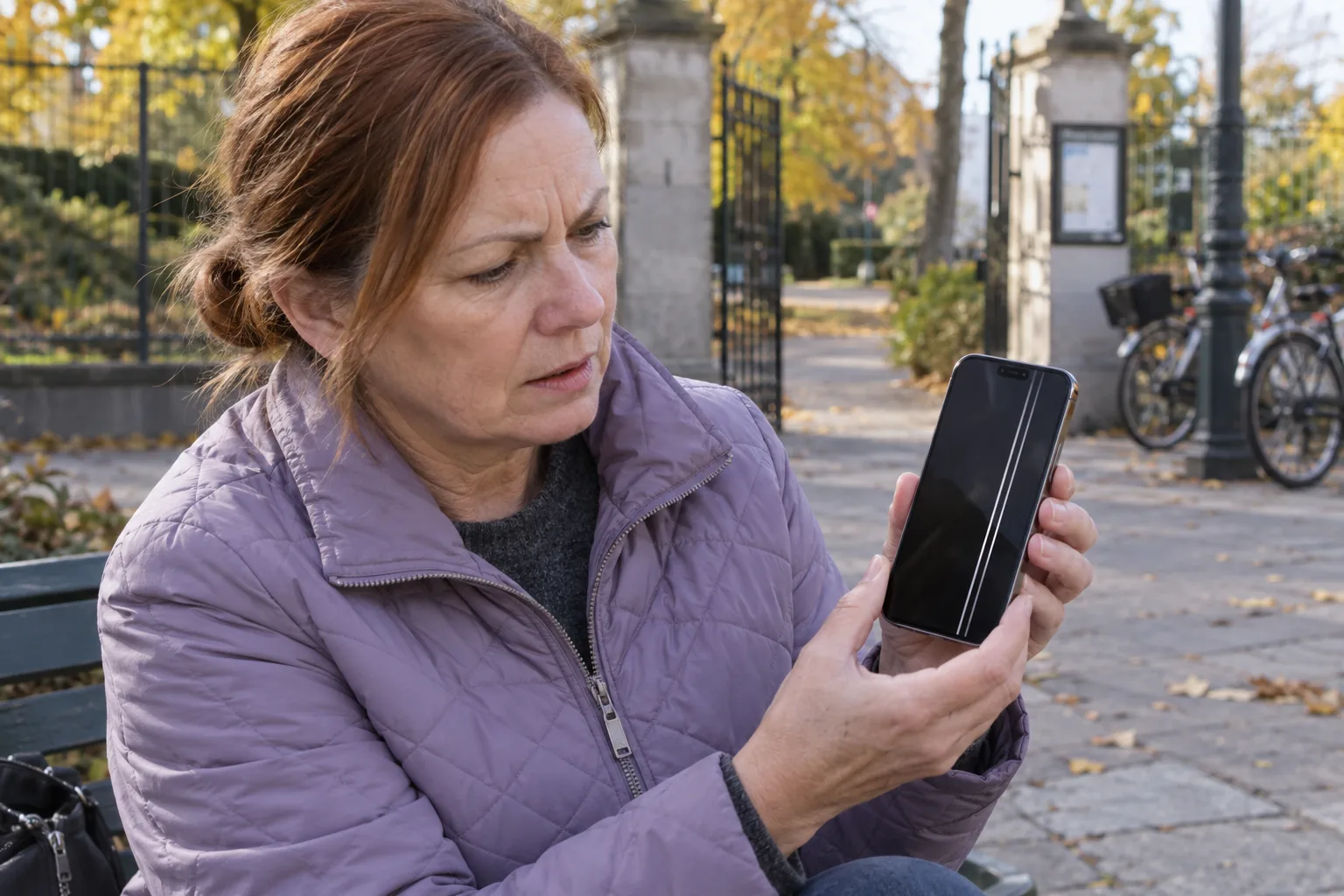 Person i lila jacka håller en mobil med vita linjer på skärmen vid en park.